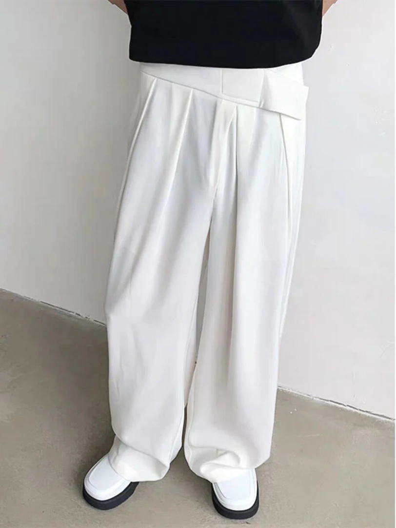 

Мужские белые плиссированные брюки с высокой талией, широкими штанинами, свободного кроя, в пол, в американском стиле, на липучках, повседневные