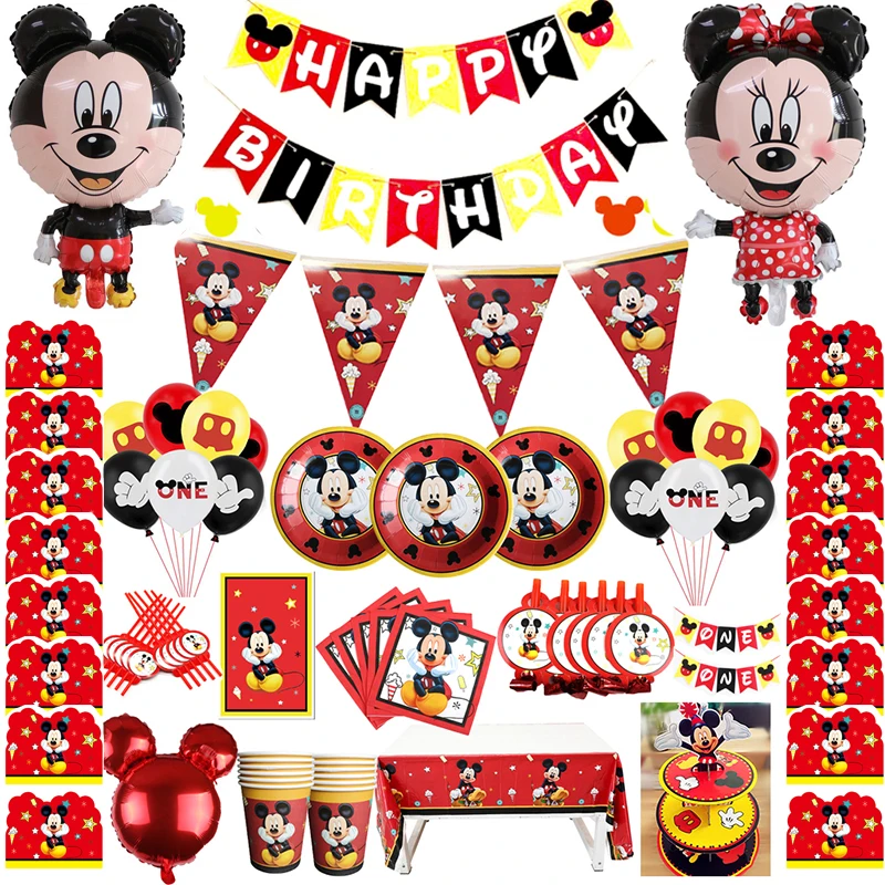 Disney Cartoon Mickey Mouse Theme Birthday Party Decoration Paper Plates Cups Popcorn Banner Baby Shower Foil Balloons Supplies