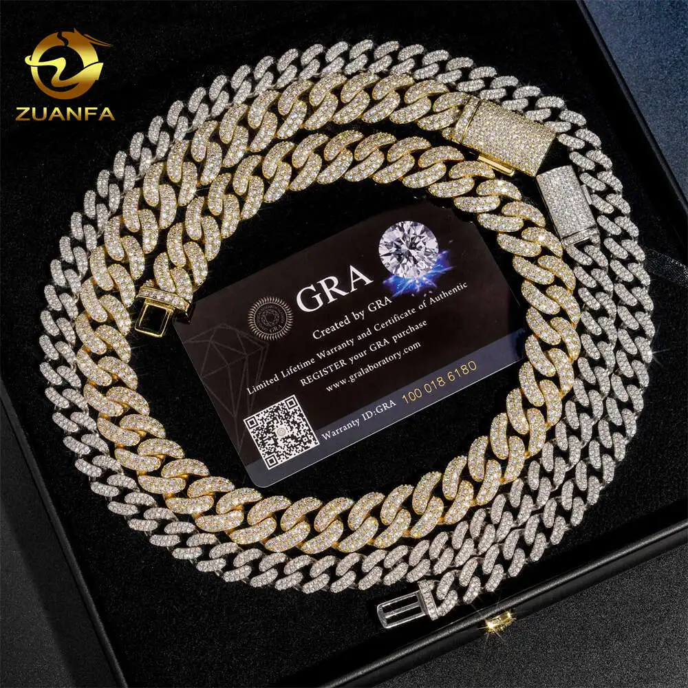 Yellow Gold White Gold Over Silver 10mm 18mm Iced Out Solid Miami Cuban Link Vvs Moissanite Iced Out Diamond Cuban Link Chain