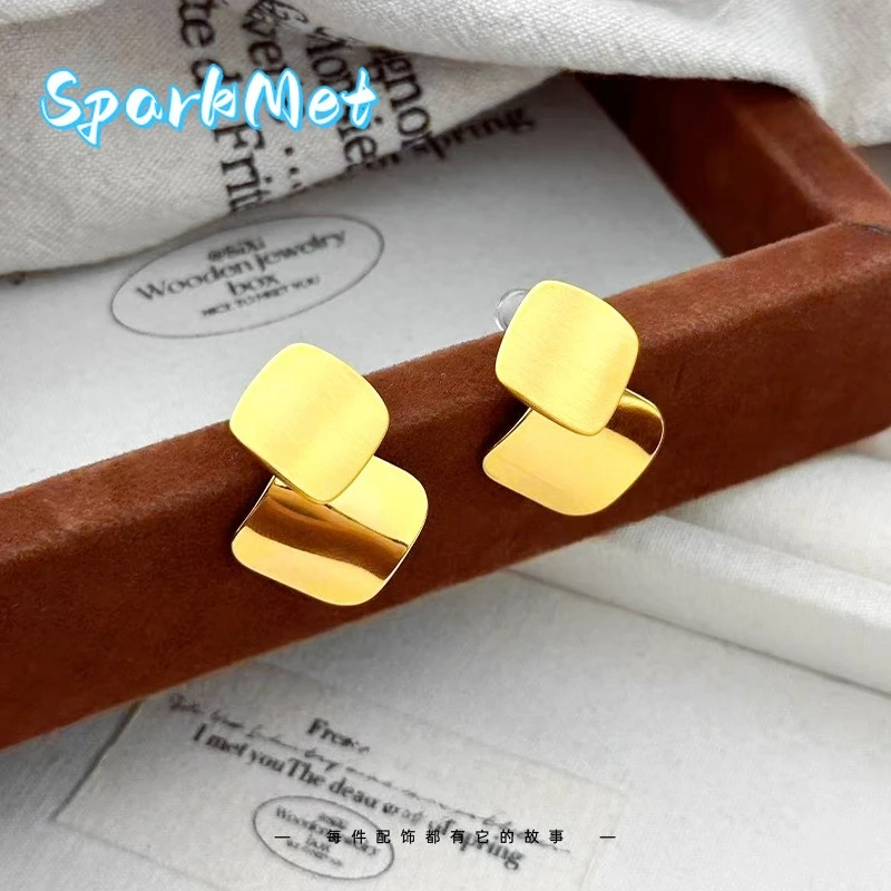 

Sparkmet Niche Design Sense 9999 24K Real Gold Frosty Earrings Personality Temperature Brushed Earrings Simple and Fashionable