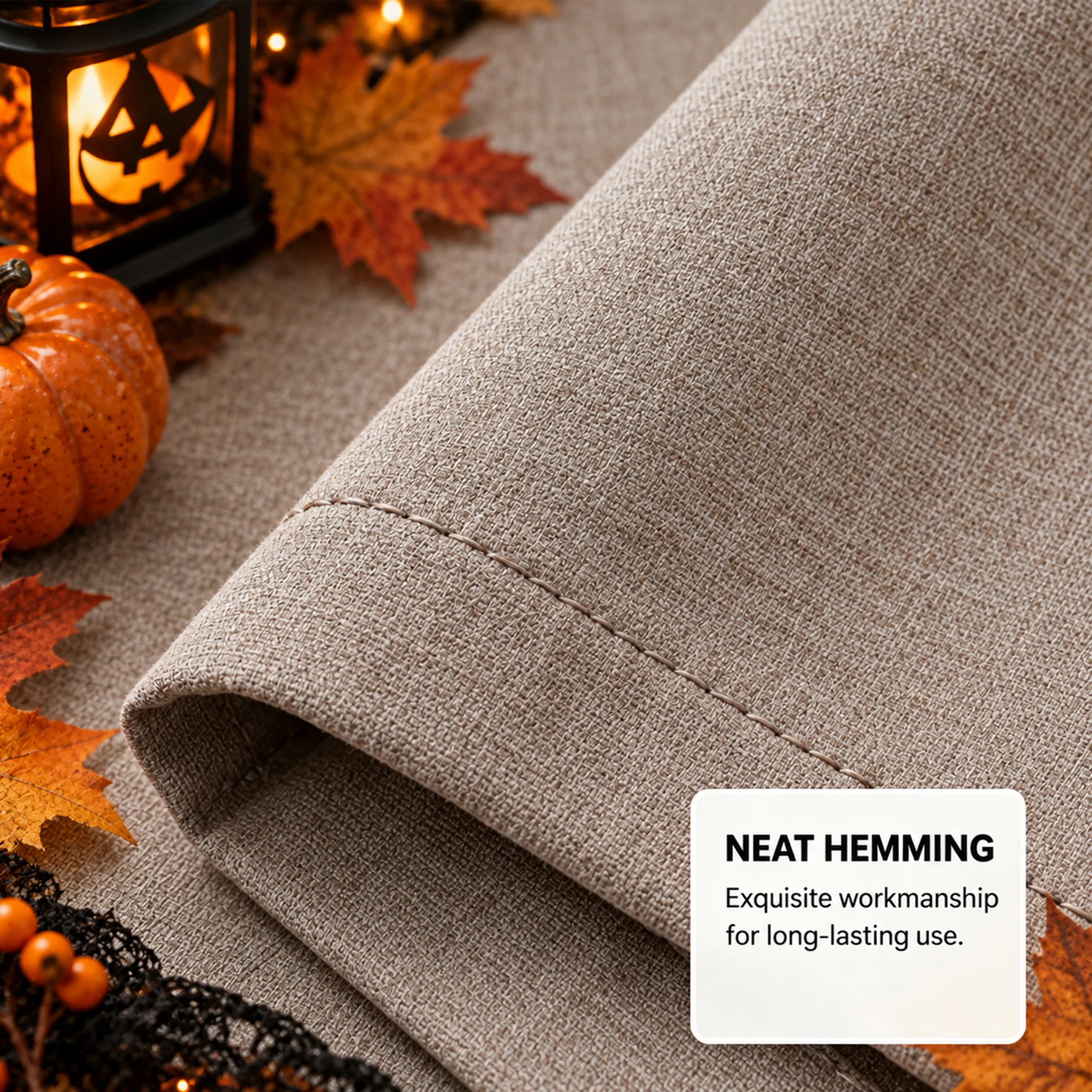 4 Panels Khaki Blackout Curtains Linen Texture, Halloween Fall Decor Window Drapes, 100% Blackout Thermal Privacy Curtain with Waterproof Back Room Divider