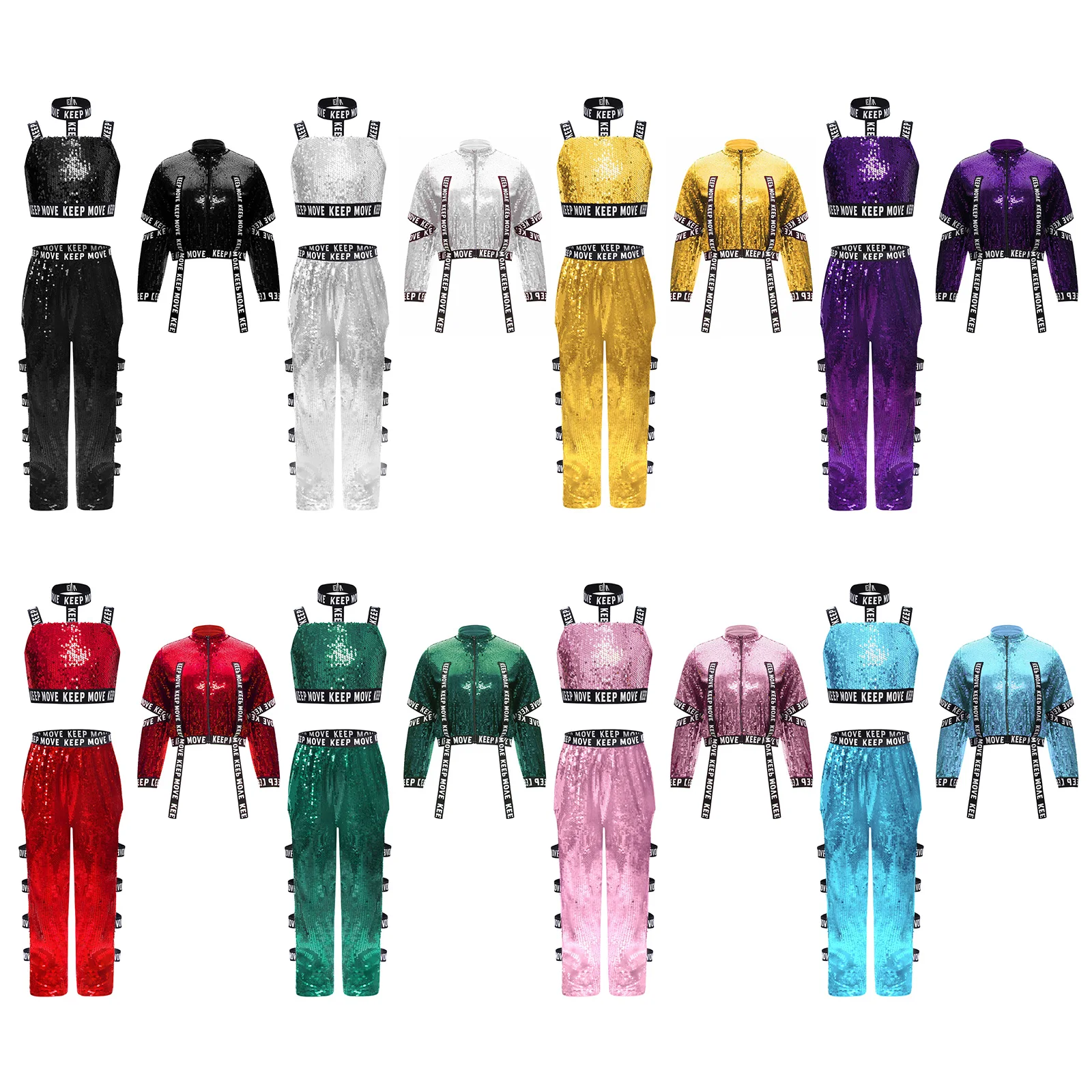 ชุดเต้นฮิปฮอปแจ๊สสำหรับเด็กผู้หญิง ชุดแสดงบนเวที เสื้อกั๊กปักเลื่อม แขนยาว เสื้อแจ็คเก็ตพิมพ์ลายตัวอักษร และกางเกง