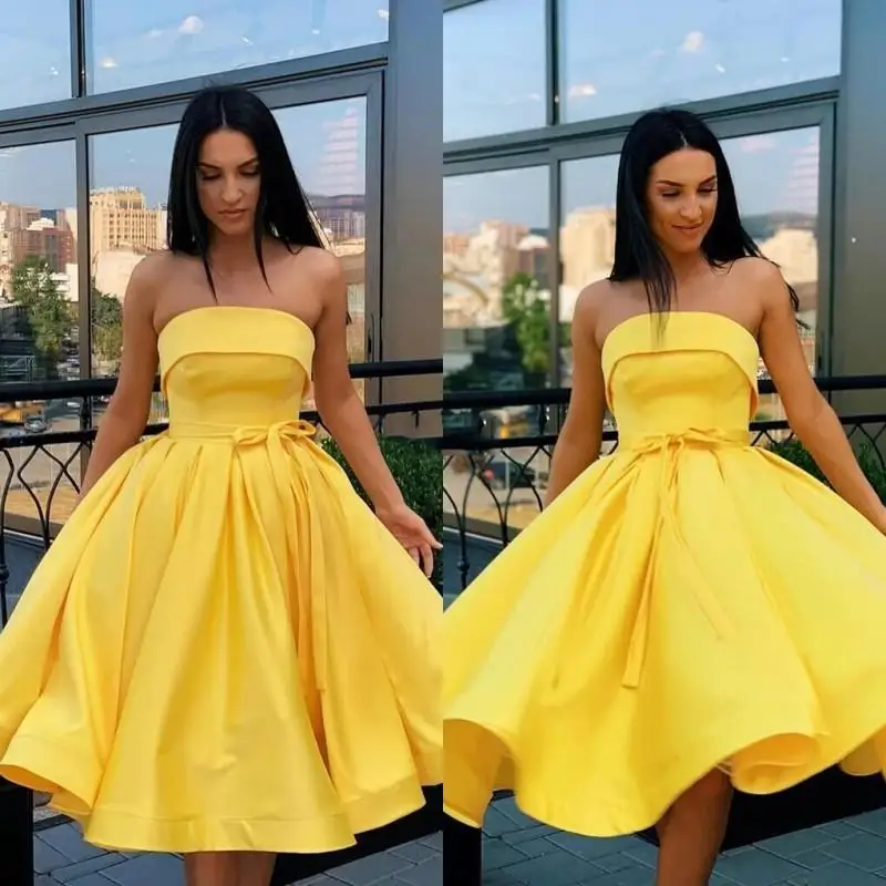 

Yellow Elegant Short Homecoming Cocktail Dresses With Strapless Sash Ruffle A Line Special Occasion Prom Vestidos De Gala فستان