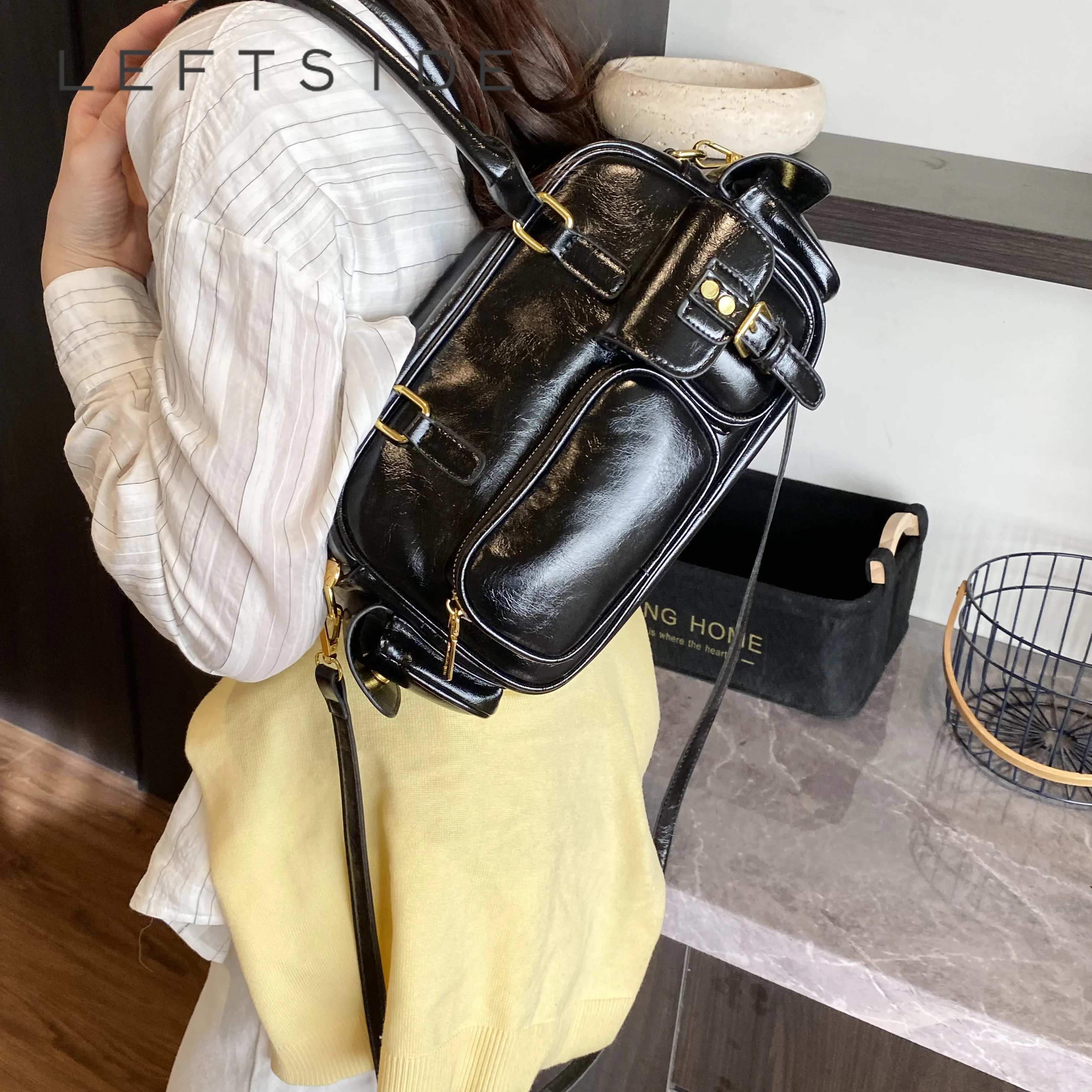 

LEFTSIDE Women's Patent Leather Chest Bag Multi-buckle Detail Retro Daily Casual Shopping Shoulder Bag 2026 Handbags and Purses