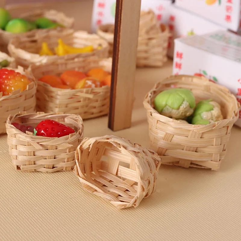 Cesta tejida en miniatura para casa de muñecas, Mini cestas de almacenamiento hechas a mano, cesta de frutas y verduras, accesorios para juguetes