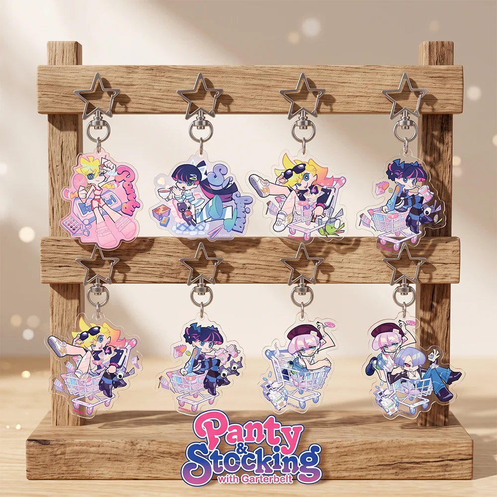 Anime Panty & Stocking with Garterbelt Shopping Circuit Kawaii Keychain Cute Keyring Backpack Decor Car Hanging Ornament Gift