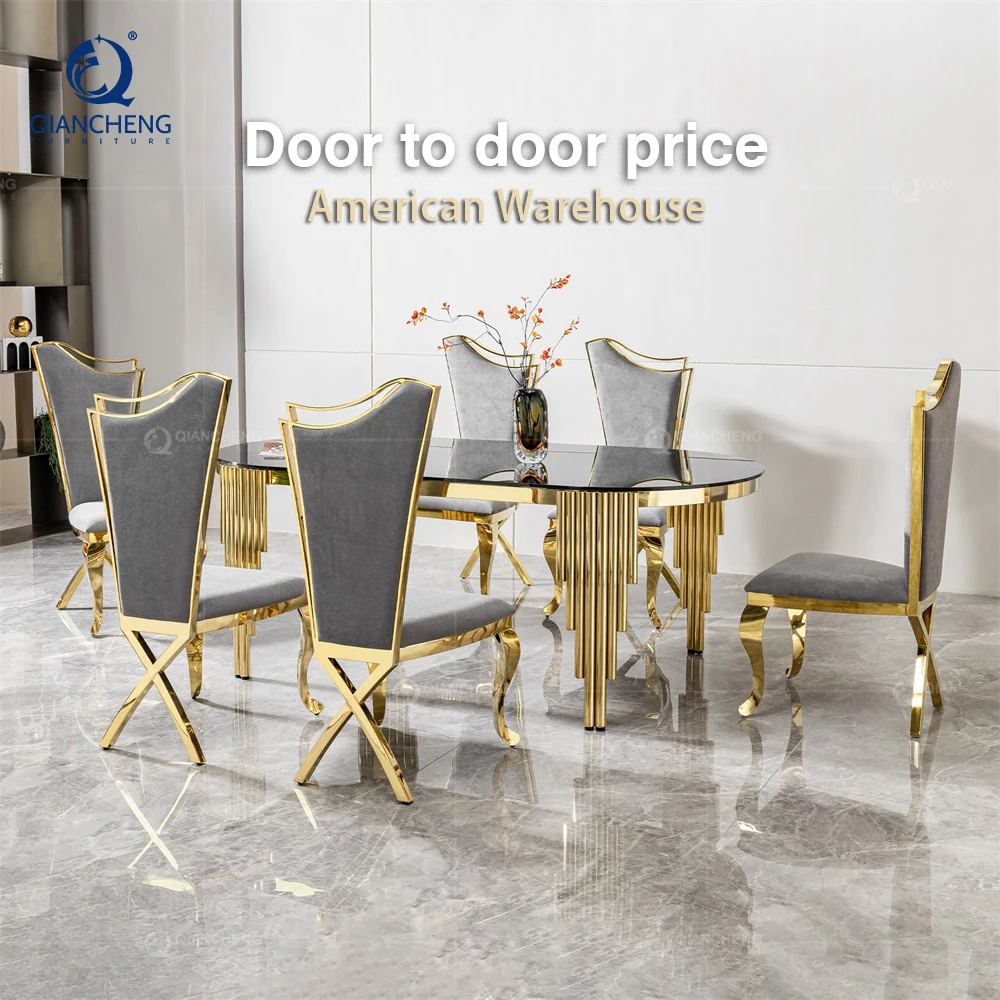 

Oval Black Tempered Glass Dining Table with Gold Stainless Steel Pipe Luxury Restaurant Modern Dinning Table Set