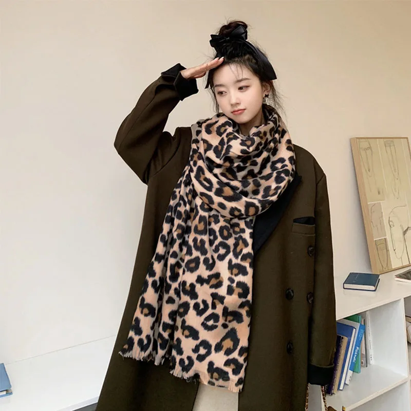 

Hot Leopard Printed Cashmere Scarf For Women Winter Thick Shawl Windproof Protection Outdoor Keep Warm Neck Lady Scarves Wrap