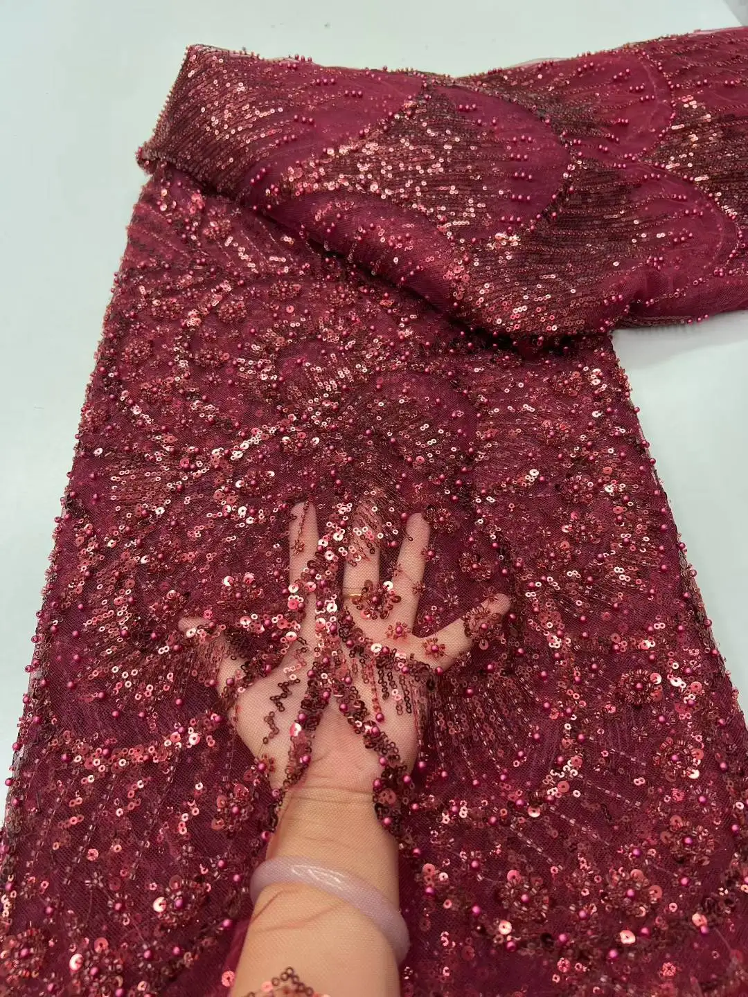 Tecido de renda de malha francesa elegante com miçangas bordadas e lantejoulas para vestidos de casamento design africano nigeriano com contas para mulheres