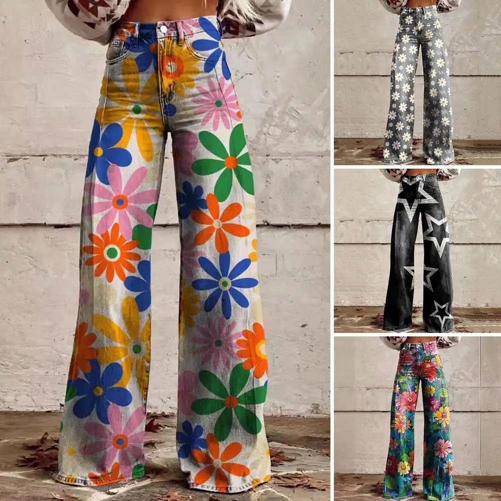 Wide-leg Pants Three-dimensional Fabric Pants Vintage Floral Print High Waist Wide Leg Pants for Women Retro Button Fly Trousers