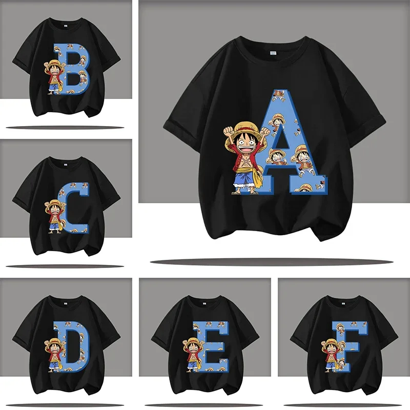 

Letter A-Z summer T-shirt, One-piece sailor-themed children's short-sleeved boys' sports shirt, Luffy cartoon print casual top