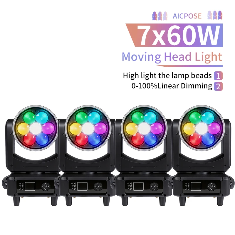 Aicpose 7X60W Pixels Control Bee Eye Moving Head Light With LED Ring CTO Beam Wash Zoom Effect Stage DJ Disco Wedding Club