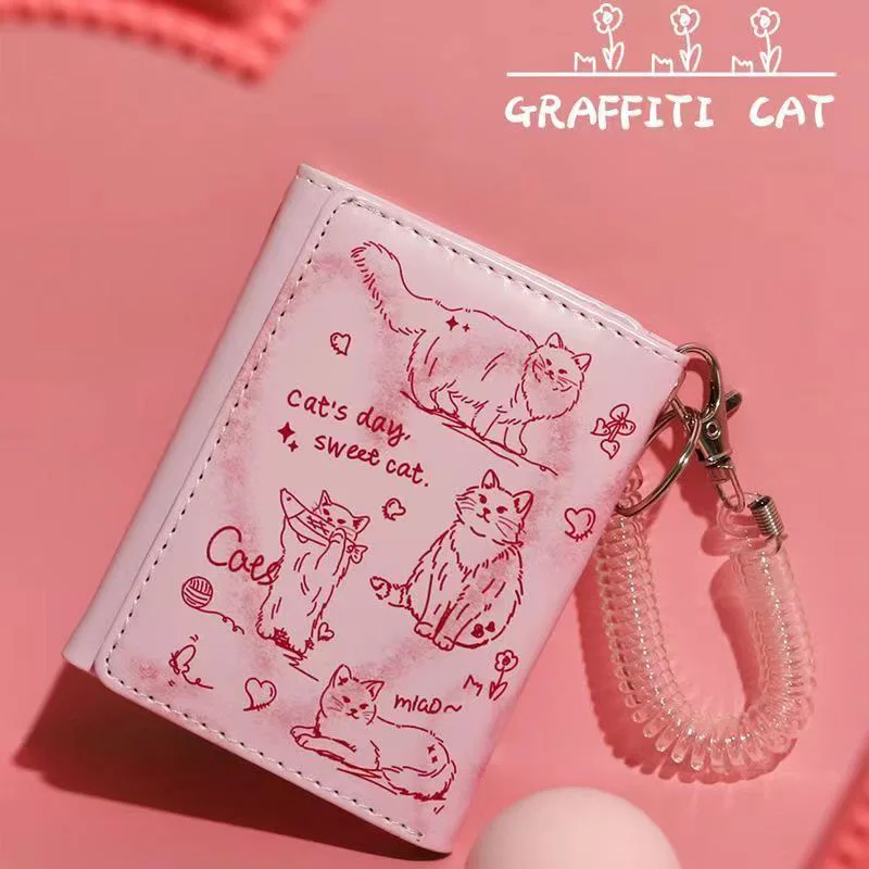 Portable Letter Printed Pink Cat Wallet Sewn Pendant PU Wallet Waterproof Spring Rope Short Money Bag Card storage Container