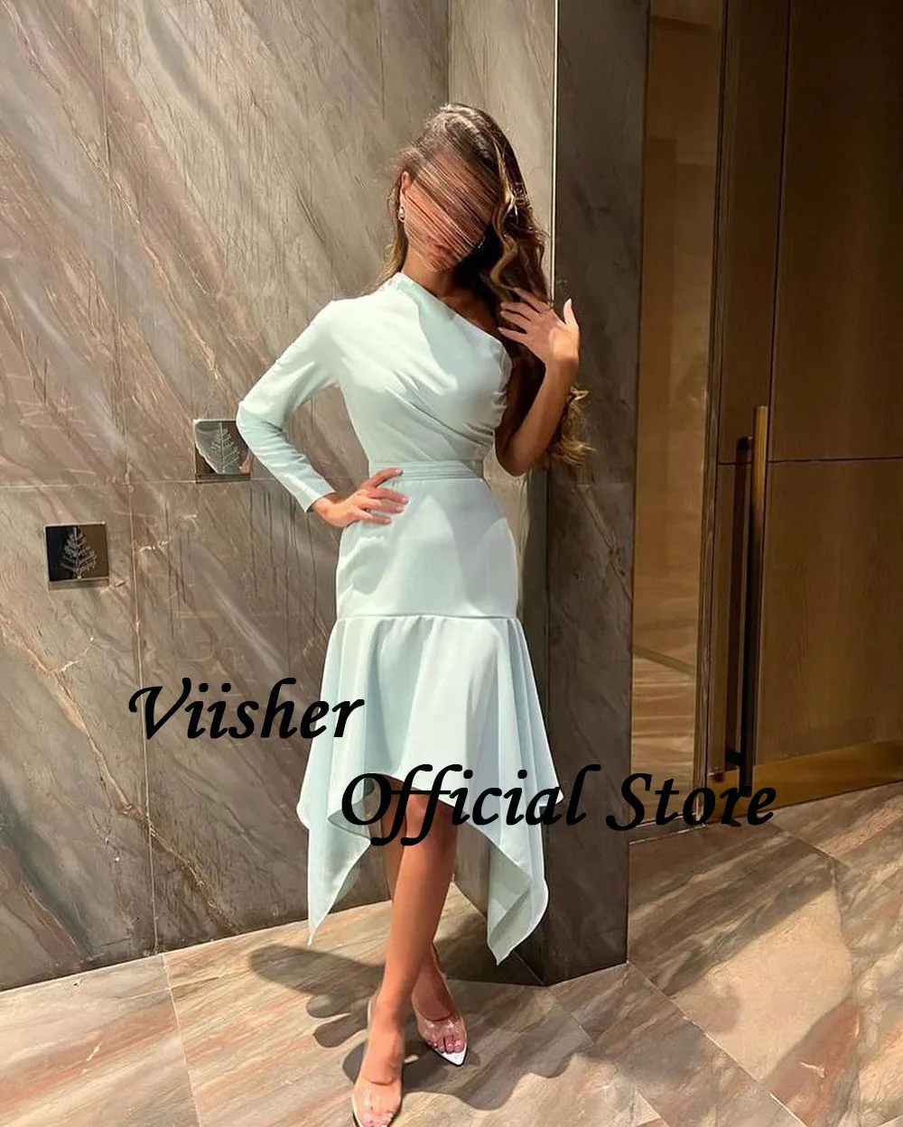 Viisher-vestido de noche de sirena de un hombro, plisado, satén, ajustado, largo hasta el té, Dubai, árabe, Formal