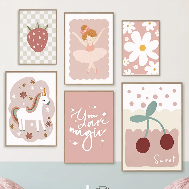 

Cartoon Girl Unicorn Flowers Strawberry Cherry Nursery Wall Art Canvas Painting Posters And Prints Pictures Baby Kids Room Decor