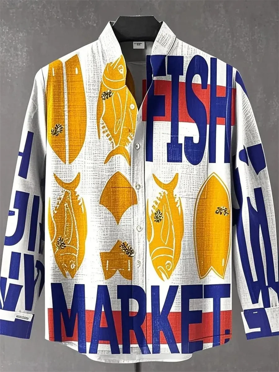 2025 Spring and Summer Men's New Fashion Elegant Fish Pattern Casual Trend Linen Long Sleeve Shirt Button Top Men's Casual Shirt