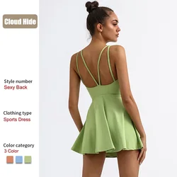 Cloud Hide SEXY Back Sports Dress Pocket Tennis Dresses Women Safe Shorts Gym Golf One Piece Yoga Suit Fitness Dance Long Skirt