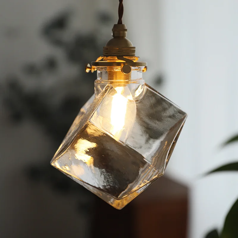 Japanese Style Transparent Glass Pendant Light, Simple Brass Retro Home Lighting Fixture for Bedside Restaurant Entrance Caf É
