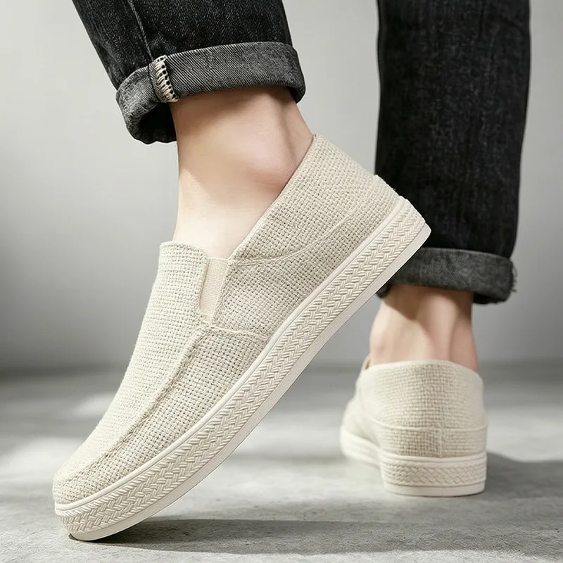 Herren Leinen Slip-On Loafer Atmungsaktives Gewebtes Obermaterial Verschleißfeste Gummisohle Lässige Tägliche Gehschuhe Flache Schuhe – Detail 6