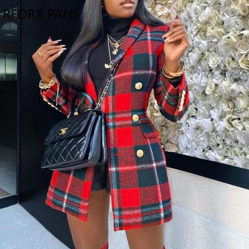 Women Chic Elegant Plaid Pattern Colorblock Buttoned Longline Blazer Coat