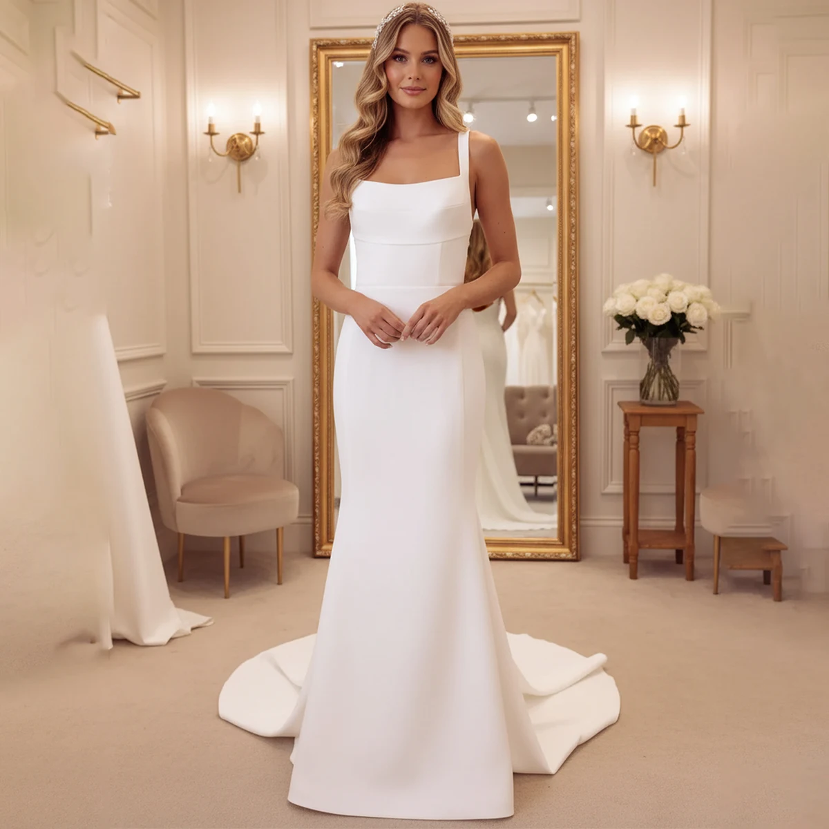 

Elegant Square Collar Backless Wedding Dresses For Bride Long Vestidos Novia Sheath Mermaid Bridal Party Gown For Women