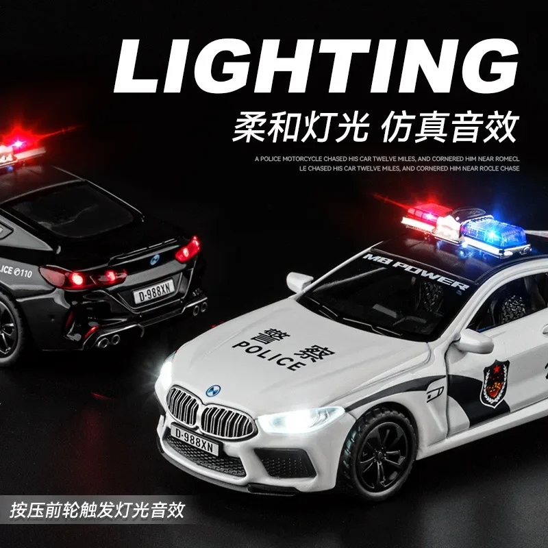 1:36 BMW M8 police car Alloy Scale Car Model Diecast Metal Sound＆Light Miniature Car Vehicles Kids Toy Gifts D175