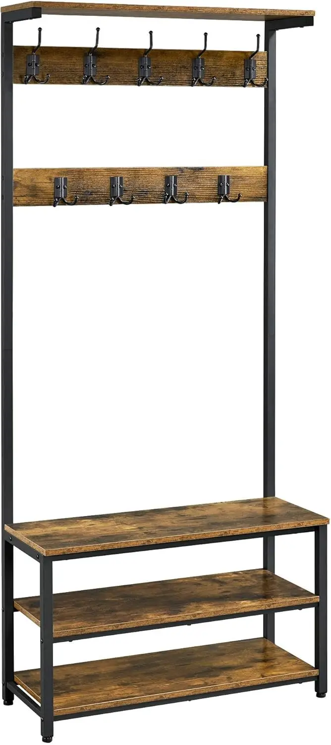 

3-in-1 Design Hall Tree Coat Rack Shoe Bench with 23 Hooks, Entryway Bench with Metal Frame, Industrial Accent for Mudroom &a