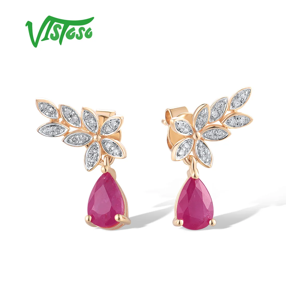 VISTOSO Real 14K 585 Rose/White/Yellow Stud Earrings For Women Sparkling Diamond Ruby Sapphire Delicate Flower Chic Fine Jewelry