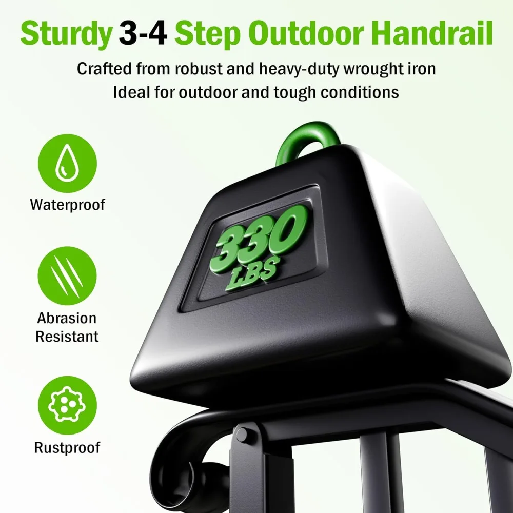 Outdoor Wrought Iron Stair Railing for 3-4 Steps, Metal Handrail with Installation Kit