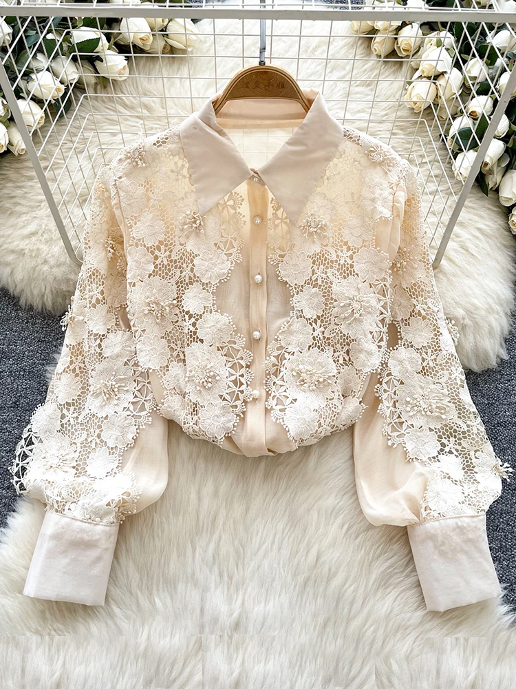 

Spring Autumn Versatile Long Sleeve Shirt Women's New Style Hollow Embroidery Collar Single Breasted Fashion Blouse Top C162
