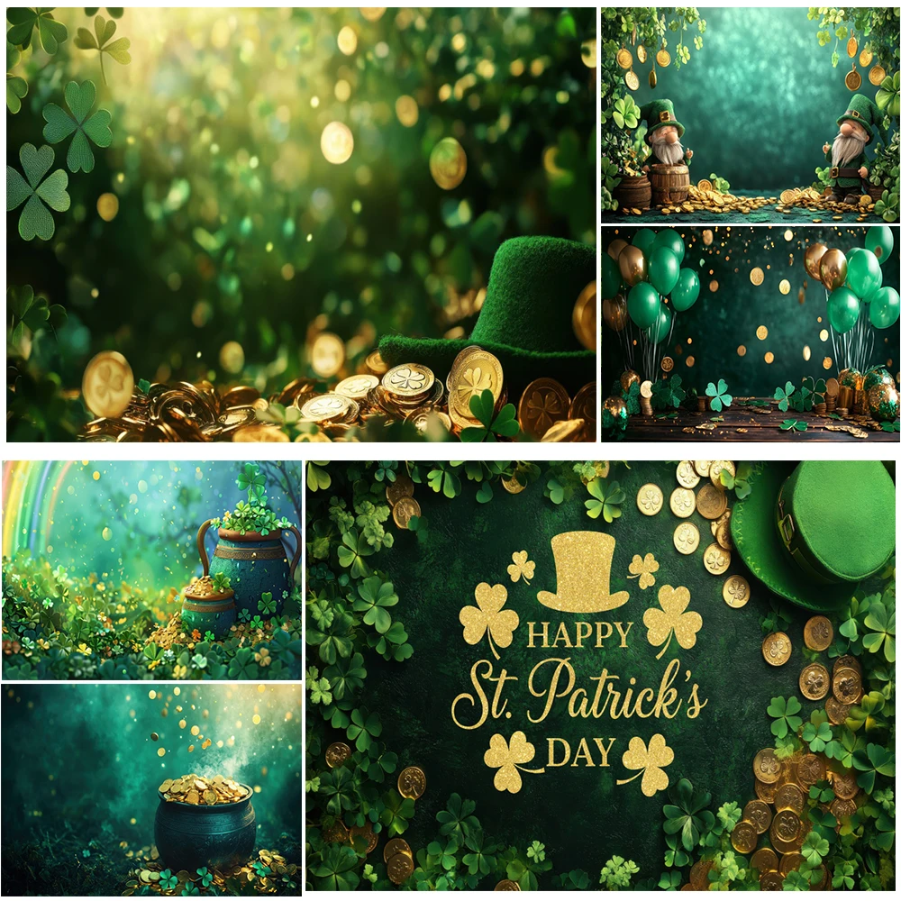 Happy St. Patrick’s Day Photography Background Shamrock Hat Coin Golden Light Spot Festival Party Portrait Decor Photo Backdrop