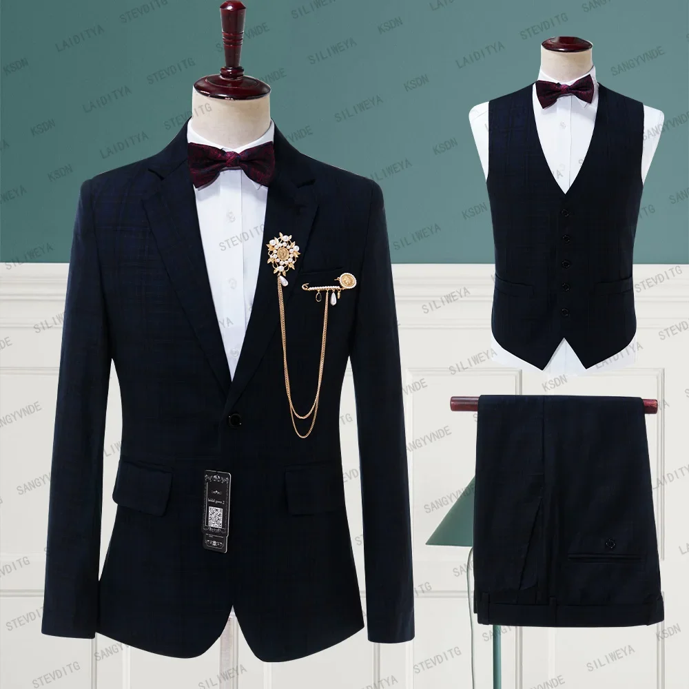 

New Fashion Men Suit Three pieces Dark Blue Plaid Party Costumes Wedding Set Blazer Hombre Male Evening Masculin