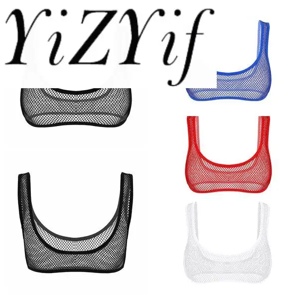 Women Sexy See Through Fishnet Hollow Out Summer Fashion Deep U-neckline Tank Tops Bustier Bra Crop Top Strappy Bralette Vest