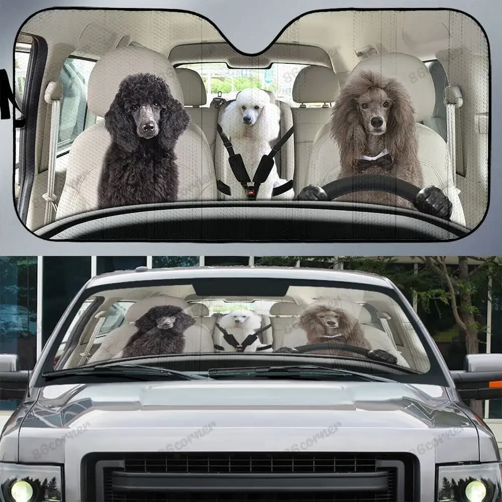 Standard Poodle Family Driving Car Sunshade, Poodle Family Car Sunshade for Windshield, Poodle Dog Lovers Sunshade, Car Accessor