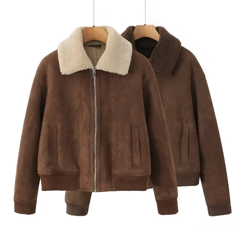 Women 2026 Autumn Winter New Hot Selling Lapel Collar Long Sleeve Faux Fur Zip Up Baseball Bomber Jacket Coat Trendy Chic Daily