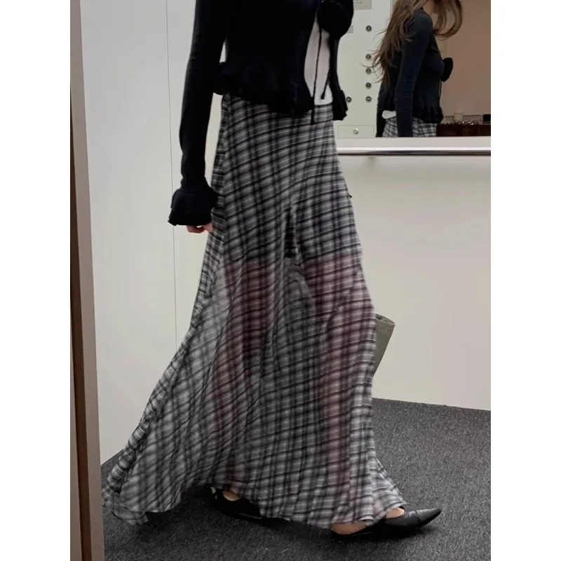 

Vintage Korean Retro High Street Plaid Chiffon Low Waist A-line Floor-length Skirt Streetwear Fashion Color Contrast Skirt