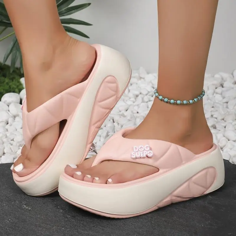 Zapatillas de tacón alto para mujer, chanclas cómodas de fondo grueso, zapatos de moda para el hogar, sandalias de verano