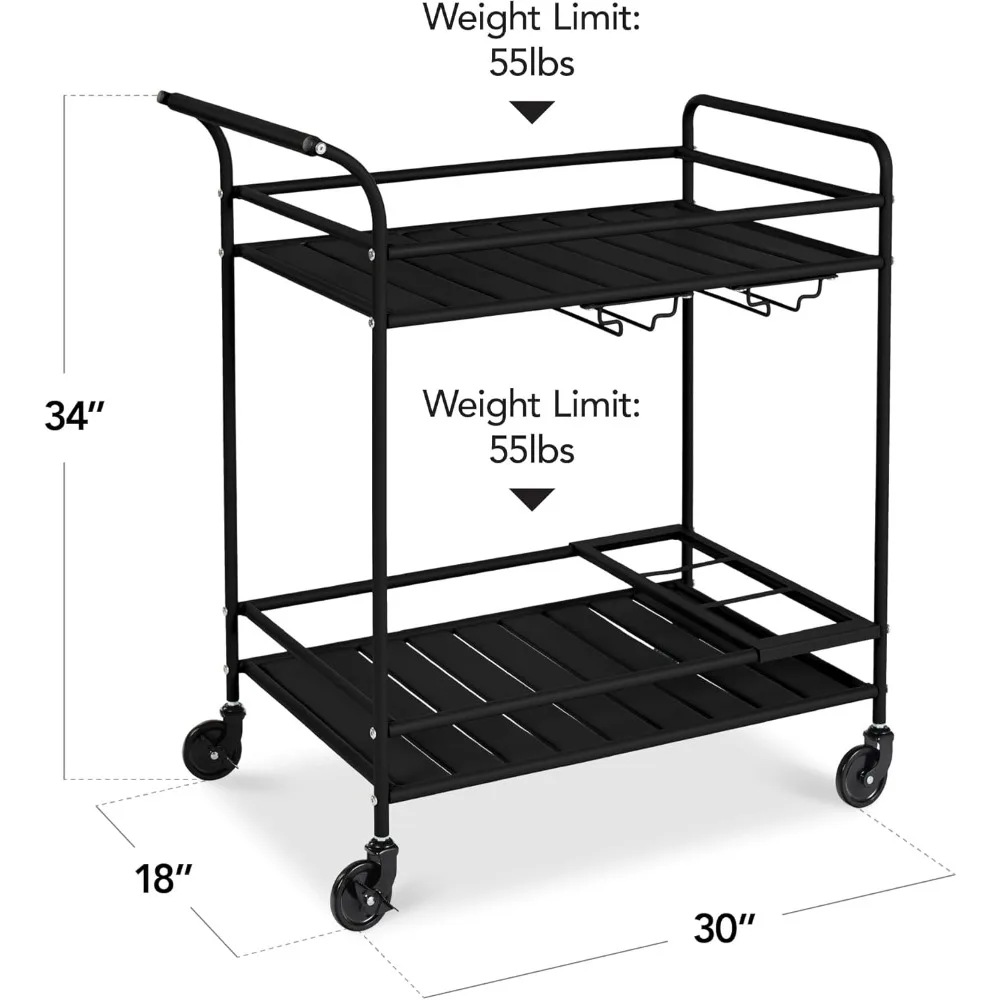 Outdoor Mobile Patio Bar Cart, Home Bar Serving Cart, BBQ Side Table w/ 2 Tier Storage, Wine Rack, Lockable Wheels - Black