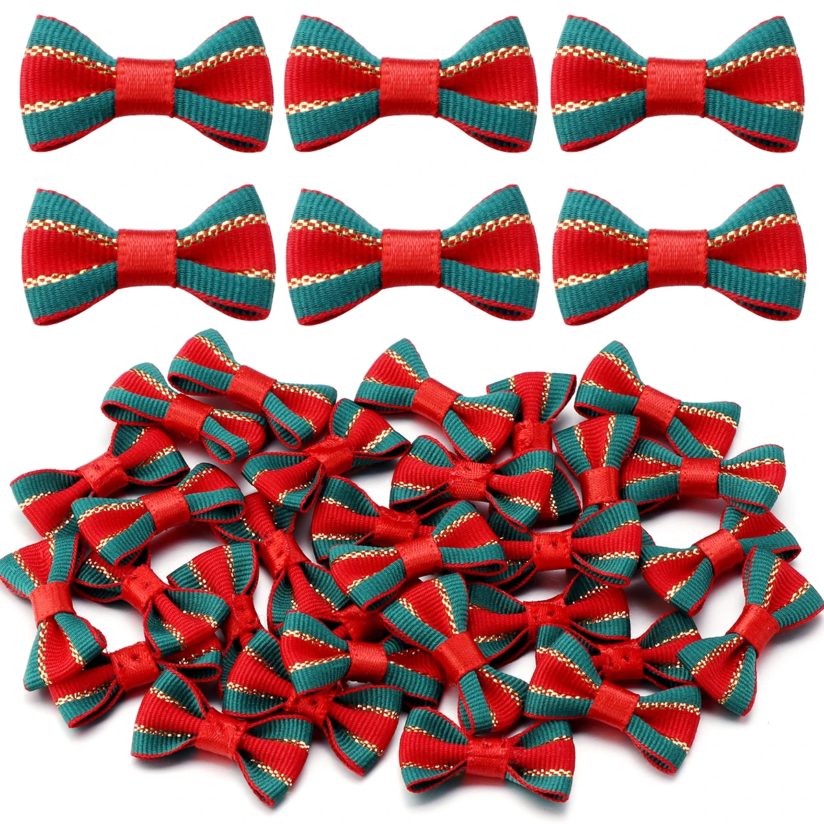 

30Pcs/Lot 38*23mm 38*15mm Grosgrain Ribbon Bows Green Red Striped With Gold Silk For DIY Sewing Crafts Handwork Gift Party Decor