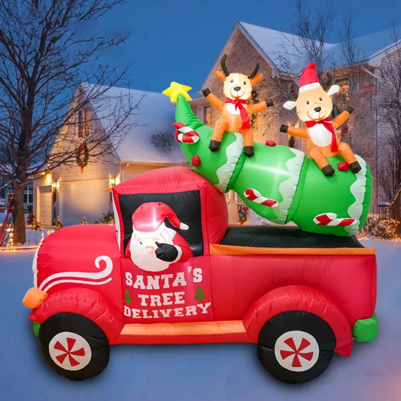

200cm Inflatables Santa Claus Drives A Car Carrying Christmas Tree and Deer Christmas Outdoor Garden Yard Party Noel Decorations