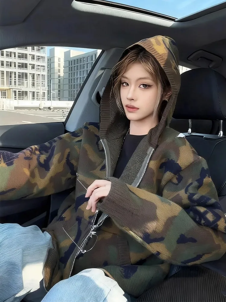 

Cleanfit Camouflage Hole Knitted Hoodie Jaet Men Women Sle Lazy Trendy Cardigan Sweater Autumn Winter Casual Loose Fit