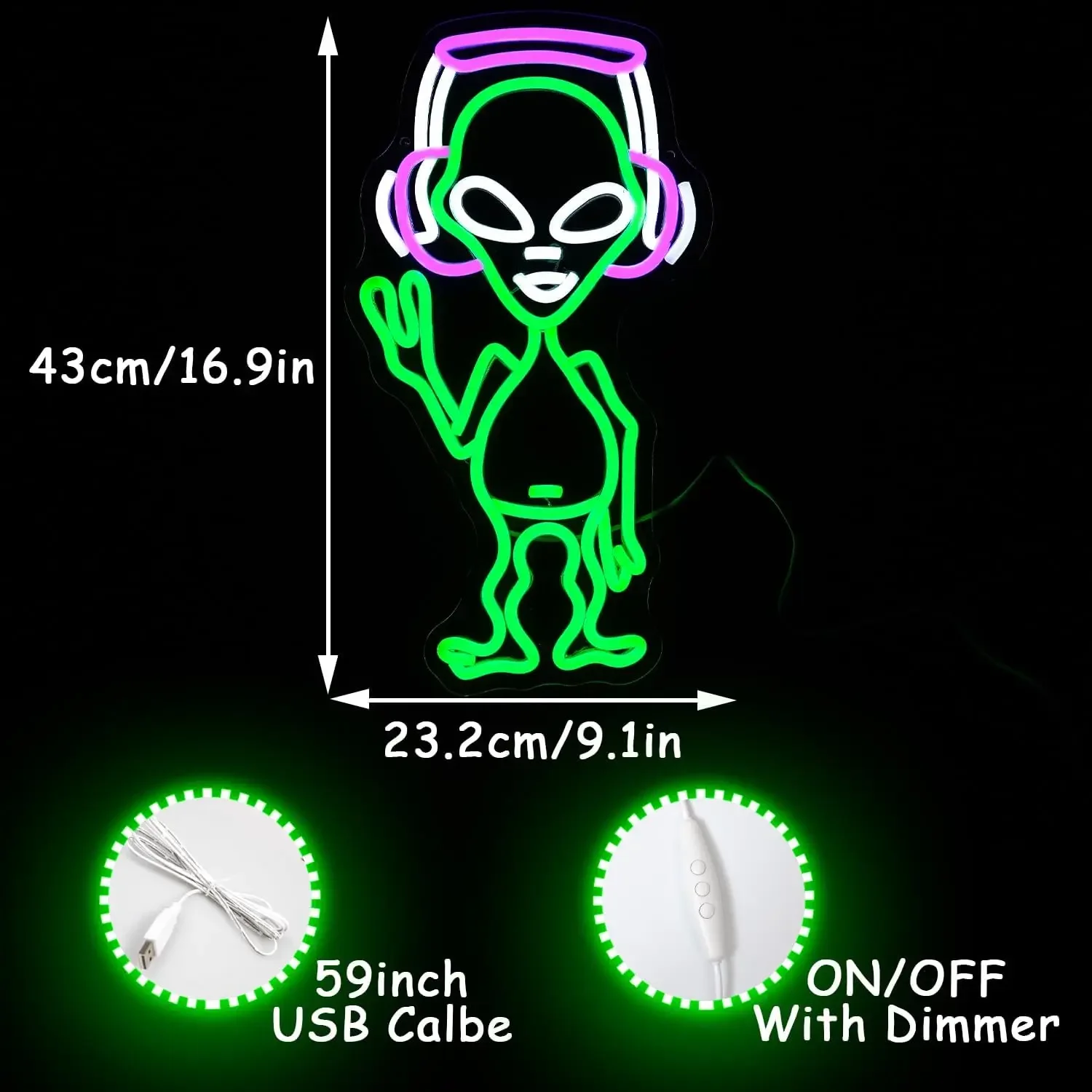 Alien Neon Sign Headphone LED Wall Art USB Powered Decor Game Room Bedroom Living Room Bar Party Novelty Gift Hanging Light
