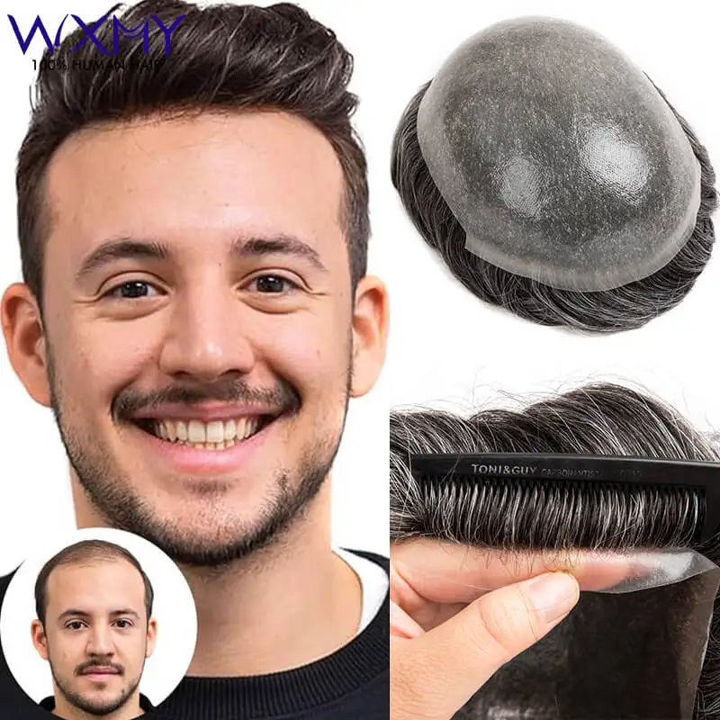 

Double Knots 0.06-0.08mm Full Skin Base Toupee Men Natural Human Hair Men's Wigs Capillary Durable Male Hair Prosthesis Systems