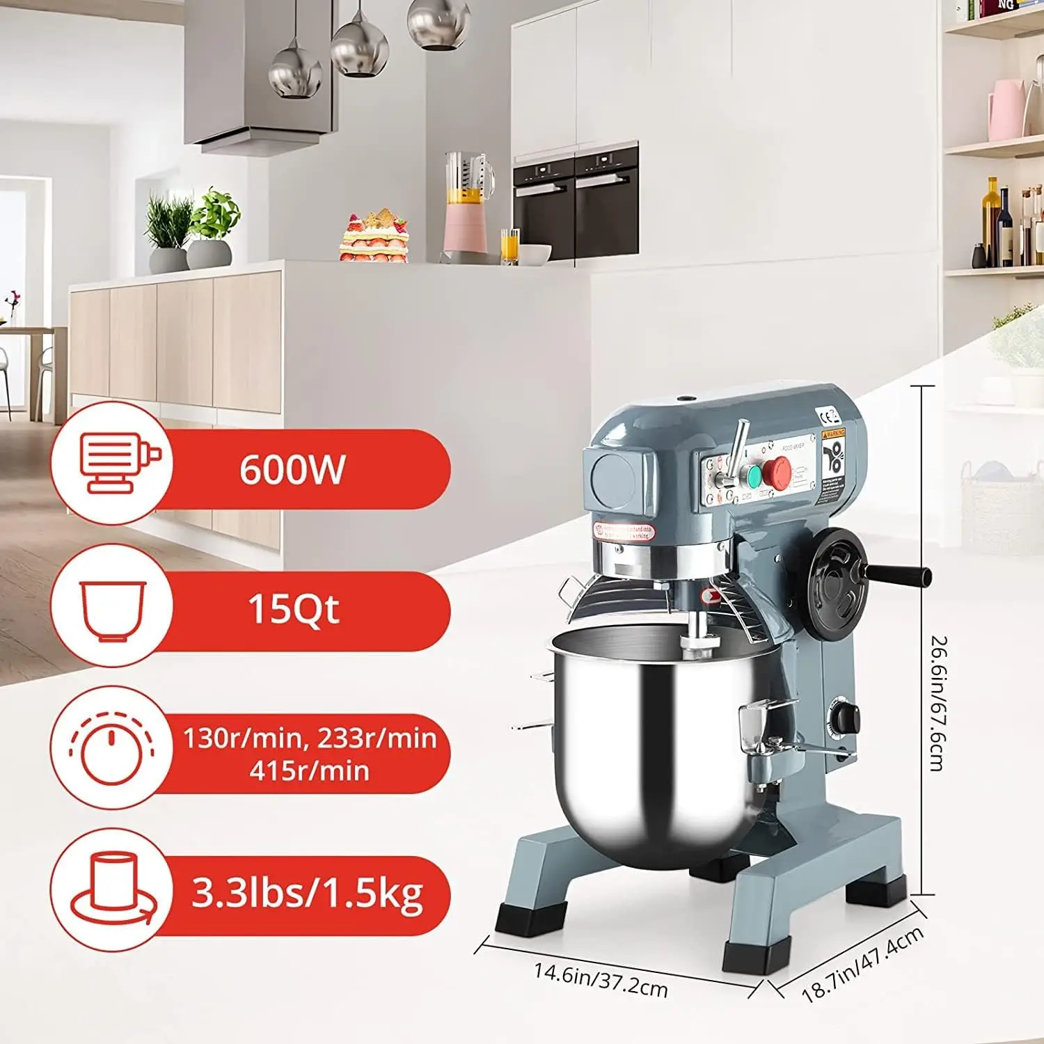 

15QT 600W commercial stand mixer, 3-speed, stainless bowl, dough hook, whisk, safety guard for heavy duty use
