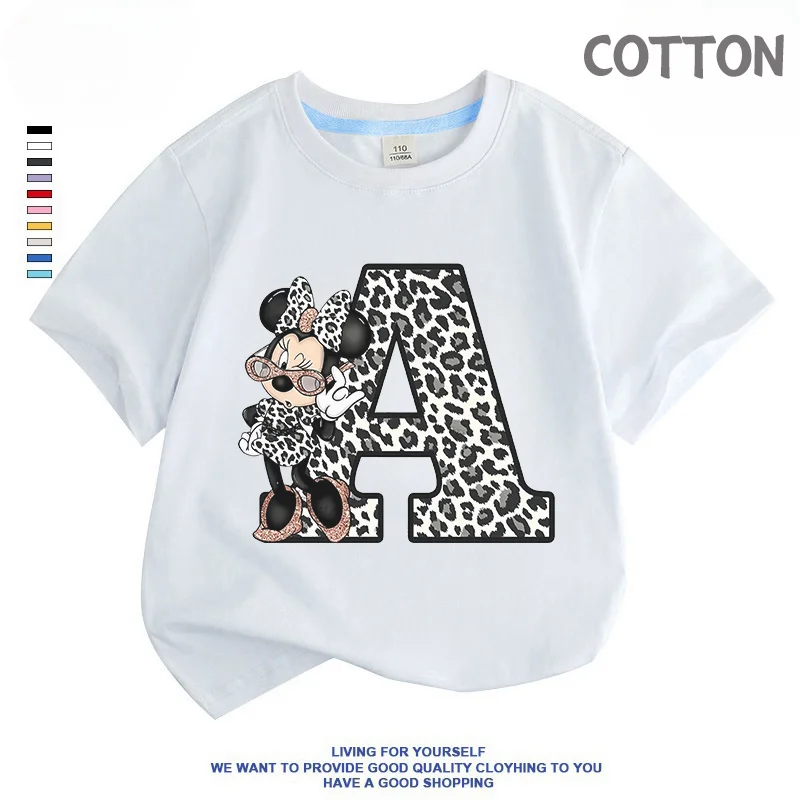 

White Kawaii Minnie Letter ABCD Children T-shirt Disney Clothes Girls T Shirt Anime Cartoons Casual Kid Boy Short Sleeve Tops