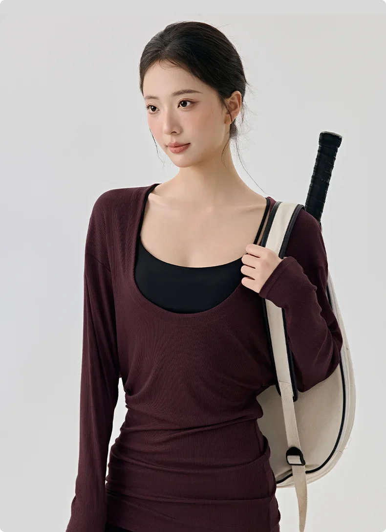 Lockere Fitness-Bluse mit großem U-Ausschnitt, sexy Trainingsjacke, langer Stil, der das Gesäß und unangenehme Linien bedeckt, weich für Frauen. – Detail 6