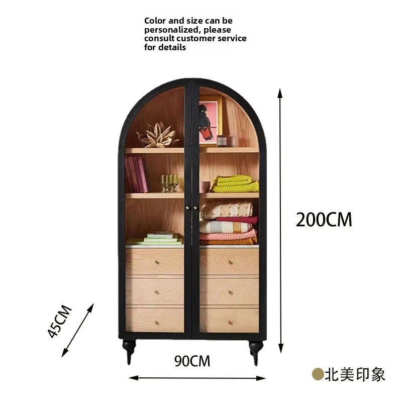 Solid wood bookcase locker, French retro arched living room medieval side cabinet