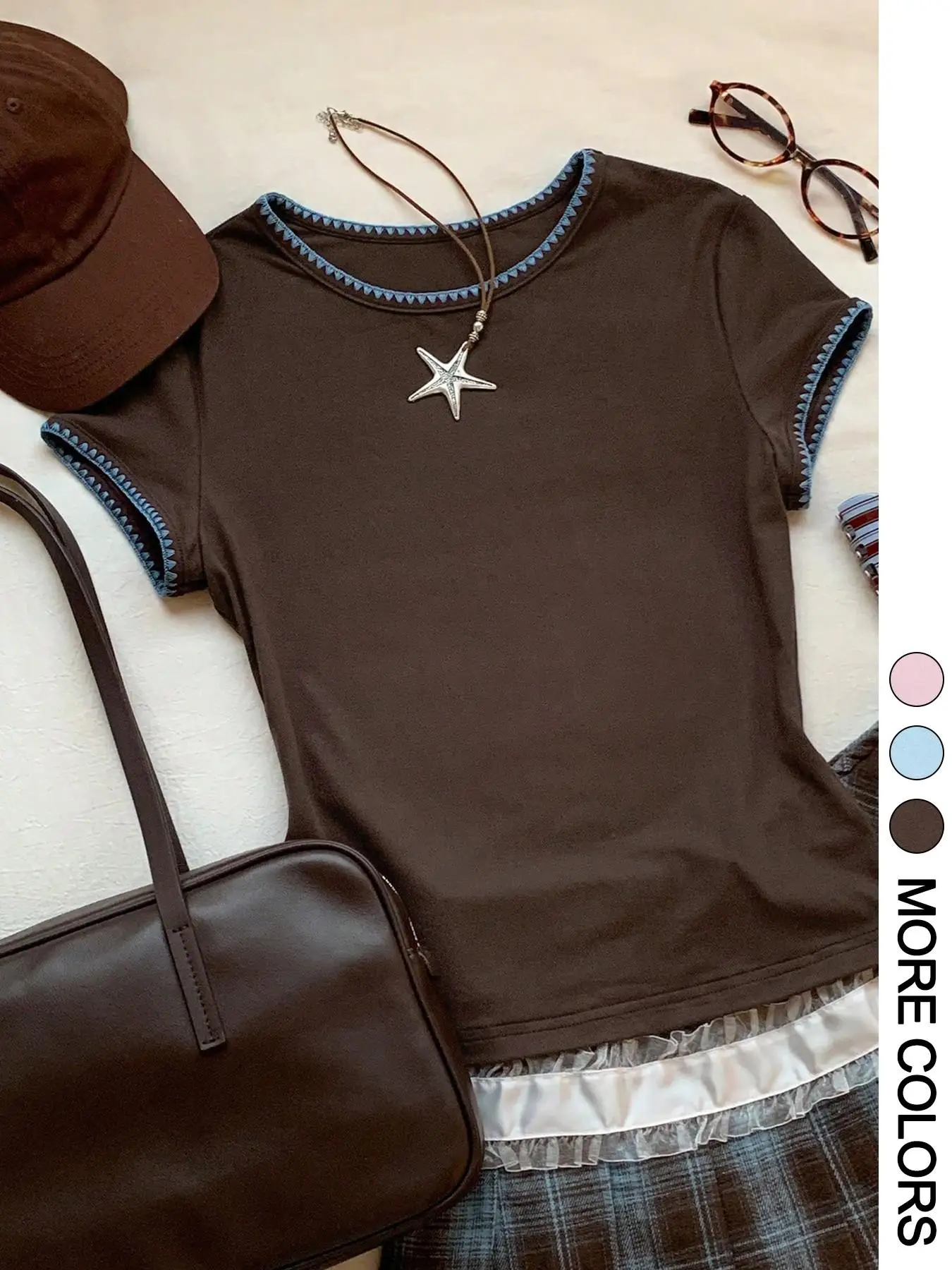 Ladies Color Block Triangle Needle Lock Edge Short T-Shirt round Neck Short Sleeve High Elastic Smooth Knitted Fabric