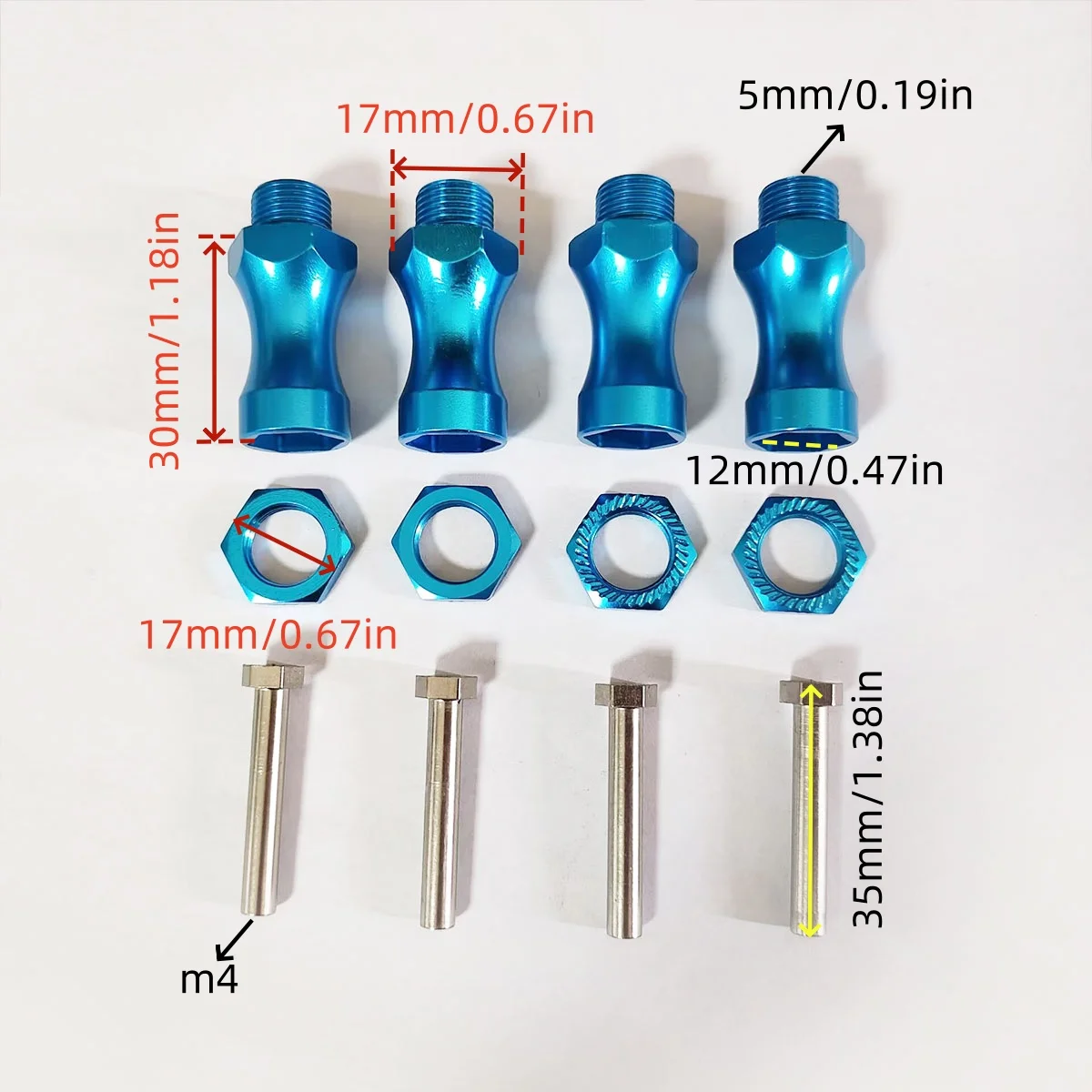 ชุดอะแดปเตอร์แปลงดุมล้อหกเหลี่ยมโลหะ RC 4 ชิ้น ขนาด 12 มม. ถึง 17 มม. พร้อมตัวต่อขยาย 30 มม. สำหรับอะไหล่รถ RC 1/10 HSP Desc410r Sct410 Scte Slash