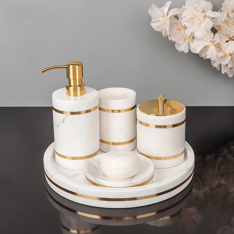 Volakos White Natural Marble Bathroom Accessories Golden Luxury Soap Dish Soap Dispenser Toothbrush Holder Tray Bathroom Set